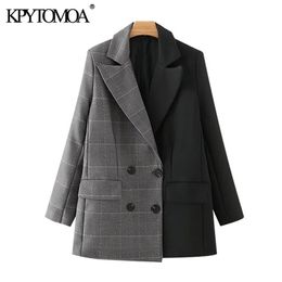 KPYTOMOA Women Fashion Double Breasted Patchwork Blazer Coat Vintage Long Sleeve Pockets Female Outerwear Chic Tops 211019