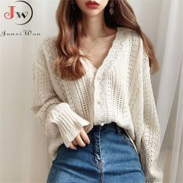 Fashion Women Cardigans Sweater Autumn V Neck Elegant Knitted Long sleeve Hollow Out Sexy Tops Pull Femme Casual Coat 211007