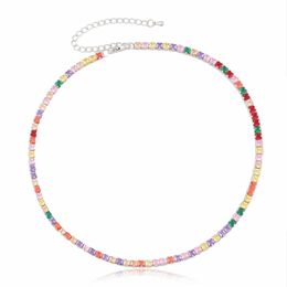 Pendant Necklaces 2021 Gold Color Rainbow Cz Paved Square Crystal Colorful Zirconia Tennis Chain Choker Necklace Fashion Jewelry Collar Femm