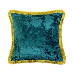 Cushion/Decorative Pillow Vintage Solid Blue Shiny Green Soft Ice Velvet Cushion Cover Fringe Pipping Decorative Sofa Case 45 X 45cm