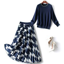 2023 Spring Long Sleeve Round Neck Blue Contrast Colour Knitted Sweater + Elastic Waist Pleated Mid-Calf Skirt Two Piece Suits 2 Pieces Set 21N013321