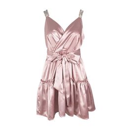 PERHAPS U Pink Beige Beading Strap Sleeveless Sexy V Neck Lace-up Bow A-line Mini Short Dress Summer D1445 210529