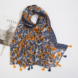 Floral Printed Cotton Hijab Scarf Navy Long Tassels Scarves Women Navy Headscarf Uneven Spain Women's Cape Bandana