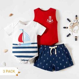 Arrival 3-piece Baby Boy Sailboat Striped Allover Bodysuits for 0-24M Cotton Short-Sleeve Ropmers Sets 210528