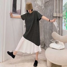 Spring and Summer Korean Striped Stitching Chiffon Short-sleeved Dress Irregular Casual Loose Comfortable Home Female 210615