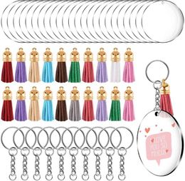 Keychains 90Pcs Acrylic Clear Circle Discs Keychain Set Round Blank Leather Tassel Pendant Jump Rings For DIYKeychains