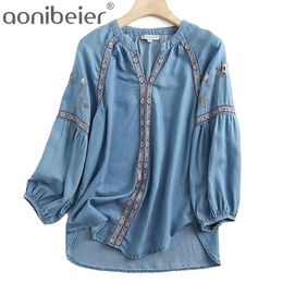 Embroidery Denim Shirt Blouse Women Long Sleeve V Neck Spring Jeans Streetwear Casual Botton Blouses 210604