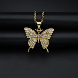 Hip Hop Bling Iced Out Rhinestones Gold Stainless Steel Butterfly Pendants Necklace for Men Rapper Jewelry