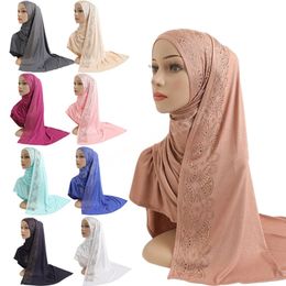 Muslim Women Rhinestone Cotton Jersey Long Scarf Rhinestone Headscarf Islamic Hijab Head Wrap Arabic Solid Pashmina
