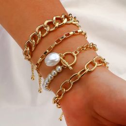 4Pcs/Set Vintage Pearl Metal Bracelet Set for Women Female Multilayer Bangles Bracelet 2021 Charms Fashion Jewellery Gift
