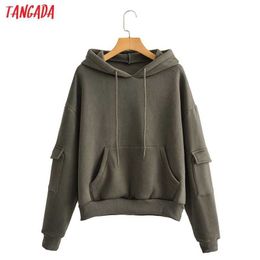 Tangada women amygreen fleece hoodie sweatshirts oversize pocket long sleeve boy friend style hooded jacket JA519 210609