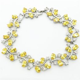 Link, Chain Style Tree Leaf Sterling Silver Bracelet Women Yellow Garnet White Zircon Jewelry 7.5INCH 19CM