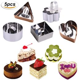 5pcs/pack Mousse Cake Ring Mold Set Stainless Steel Dessert Mousse Mold with Pusher Cooking Rings For Fluffy Pancakes Rice Salad 210225