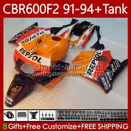 Body +Tank For HONDA CBR600 CBR 600 F2 FS CC 600F2 91 92 93 94 Bodywork 63No.85 CBR600F2 CBR600FS 600CC 1991 1992 1993 1994 600FS CBR600-F2 91-94 Repsol orange Fairings Kit