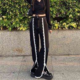 JuneLove Patchwork Lace Plus Size Split Denim Pant Mom Slit Jeans Trouser Boyfriend Women Streetwear Harajuku Fashion Punk Goth 211129