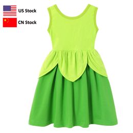 Girls Tinker Bell Dress Kids Princess Party Dress Up Costumes Fairy Tales Green Leaf Clothes Children Summer Cosplay Frock 210303