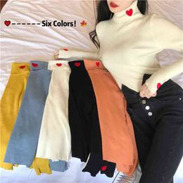turtleneck sweater women autumn/winter Korean version of soft waxy love embroidery slim stretch warm pullover 210922