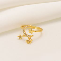 Crescent Moon Star Ring Yellow 18k Fine Solid Gold Filled Band NEW Celestial Night Sky Vintage Triple Goddess Pentacle CZ
