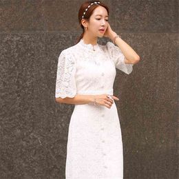 maxi Long Dress for women Summer half Sleeve stand Lace Ladies formal party Dresses 210602
