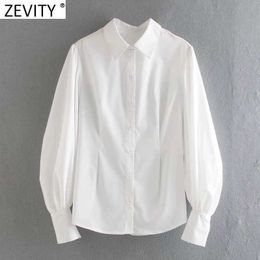 Zevity Women Fashion Puff Sleeve Pleats White Smock Blouse Office Lady Turn Down Collar Shirts Chic Retro Blusas Tops LS7491 210603