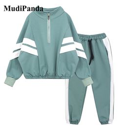 MudiPanda Kids Sport Clothes Autumn Girls Clothing Tracksuit For Children Striped Coat + Pants 2Pcs Teenage Boys Costume 211021