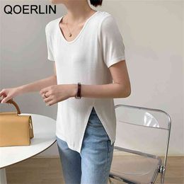 Summer U Neck Short Sleeve T-Shirt Female Korean Side Split Loose Casual Vintage Solid Black White Tees Women 210601