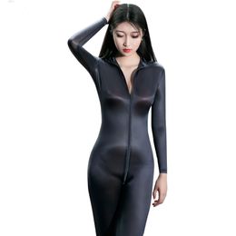 Sexy Open Crotch Full Body Bodysuit Oil Gloosy Shiny Shaping Bodysuit Catsuit Sheer See Through Teddy Sexy Tight Candy Colour F34 210317