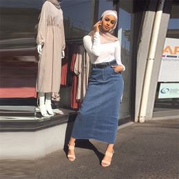 Faldas Mujer Moda High Waist Long Denim Skirt Women Casual Jeans Pencil Bodycon Maxi Skirts Jupe Longue Femme Spodnica 210311