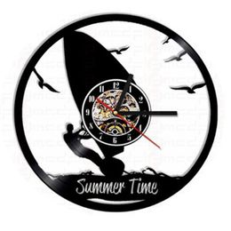 beach silhouette Australia - Wall Clocks Seascape Seaside Surfing Clock Nordic Vintage Record Summer Beach Time Silhouette 3D Stickers Gift