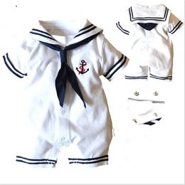 Summer Hot selling Newborn Baby Boys Girls Clothes Cotton White Navy Style Short sleeve Infant Jumpsuit Toddler Outfits Set 210309