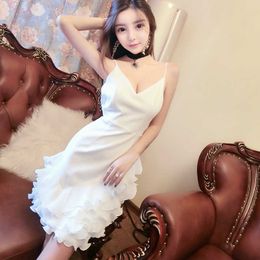 French Vintage Backless Dres Sexy V-neck Ruffles Party Strap Female Casual Lady Wedding Korean 210604