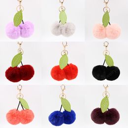 Pompom Fluffy Cherry Shape Cute Artificial Rabbit Fur Ball Leaf Keychain Cherry Key Chain Handbag Pendant Car Key Chain