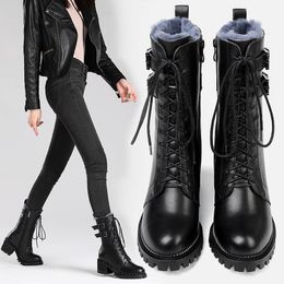 2024 High Snow Heel Boots Thick Quality Leather Soft Front Lace Up Side Zipper British ed Women 74