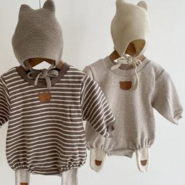 Winter Newborn Baby Boys Girls Clothes Plus Velvet Warm Baby Bodysuit Cotton Long Sleeve Jumpsuit Cute Bear Print Baby Clothing 210317