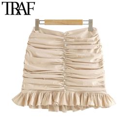 TRAF Women Chic Fashion Appliques Ruffled Pleated Mini Skirt Vintage High Waist Back Zipper Female Skirts Mujer 210310