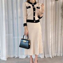 Autumn Winter Knitted 2 Piece Set Chic Office Ladies Single Breasted Pearl Buttons Cardigan Sweater+Pleated Long Skirt Suit 210603