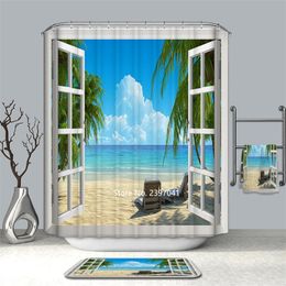 Shower Curtains Window Scenery Beach Coconut Trees Natural Forest Curtain Bathroom Waterproof And Mildew Proof With Hook