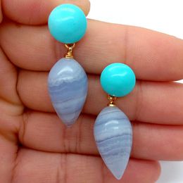 YYGEM Natural Teardrop Blue Lace Agate Chalcedony Coin Turquoise Stud Earrings Office style for women