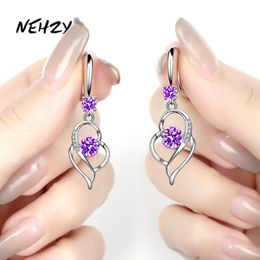 Long Tassel Hook Charm Earrings 925 Sterling Silver Women's Fashion Jewellery Blue Crystal Zircon Heart-shaped Hollow