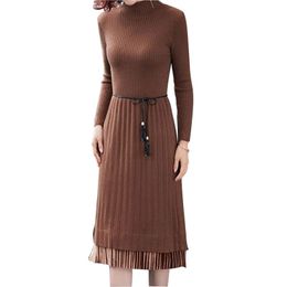 Winter dress women autumn Korean fashion slim with belt long sleeve pullover knee-length sweater dresses feminina LR917 210531