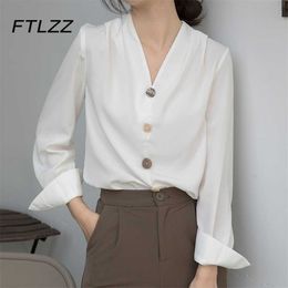 Spring Autumn Chiffon Blouse Women Fashion V Neck Long Sleeve Elegant Office Shirts Ladies Korean Button Up Casual Tops 210525