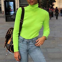 Solid Colour Harajuku Turtleneck Cotton T Shirt Neon Yellow Green Knitted Crop Long Sleeve Korean Style Top Tee Shirt Haut Femme 210306