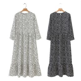 Maxi Dress Casual Straight Dresses Chic Ankle Length Vestidos QB260 Print Summer Women Pleated Three Quarter Sleeve Female Dot 210316