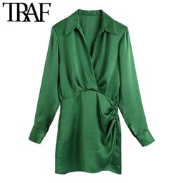 TRAF Women Fashion Pleated Soft Touch Wrap Mini Dress Vintage Long Sleeve Side Buttons Female Dresses Vestidos Mujer 220311