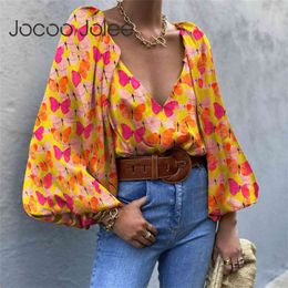 Jocoo Jolee Lantern Sleeve Deep V Neck Colorful Loose Blouses and Shirts Vintage Harajuku Tops Casual Tunic 210619