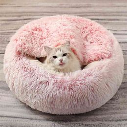 Style Pet Dog Cat Bed Round Plush Warm House Soft Long For Small Dogs s Nest 2 In 1 210722