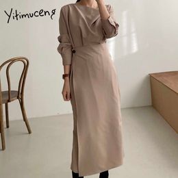 Yitimuceng Irregular Dresses for Women Split Fork Korean Fashion Long Dress Office Lady Camel Black Sundress Spring 210601