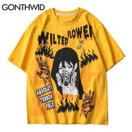 Tshirts Hip Hop Graffiti Japanese Anime Girl Tees Shirts Streetwear Harajuku Casual Cotton Loose Fashion T-Shirt Tops 210602