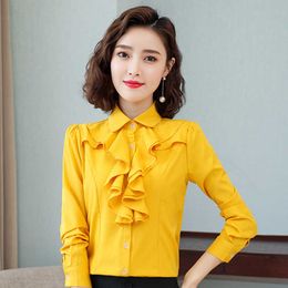 Korean Women Shirts Long Sleeve Shirt Woman Chiffon Blouses Office Lady Ruffles Solid Blouse Tops Plus Size 210604