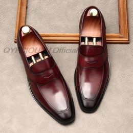 Size 38-46 Handmade Mens Penny Loafers Genuine Leather Burgundy Men Dress Shoes Wedding Party Slip On Shoes Italian Fashion